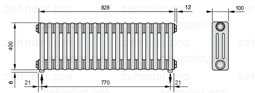 Схема (чертеж) Радиатор Zehnder Charleston 3040/18 №5310 Белый глянцевый RAL 9016